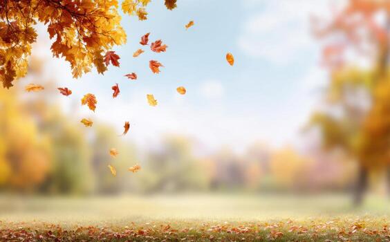 Blurred background of autumn trees with colorful leaves falling gently on a sunny day photo