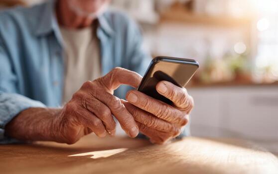 Older man using smartphone at kitchen table, hands show age and experience, connects digitally photo