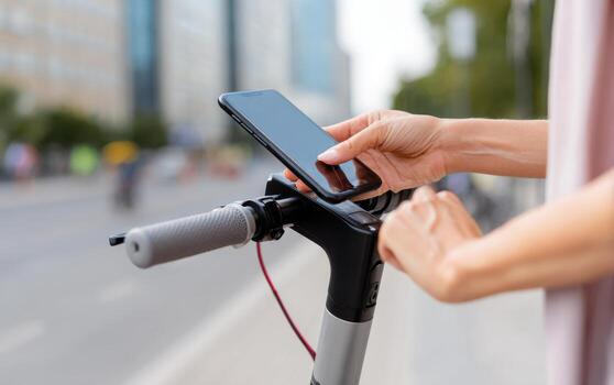 Person using smartphone to unlock shared electric scooter in the city during the day photo