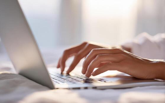 manos mecanografía rápidamente en ordenador portátil teclado, mostrando un grande pantalla, con brillante natural Encendiendo foto