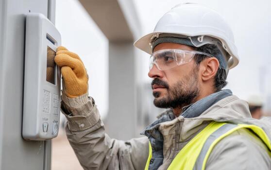 de edad mediana medio oriental masculino profesional utilizando un seguridad sistema a un construcción sitio durante el día foto