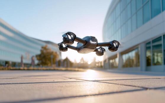Autonomous drones forming a mobile gate as they hover near modern architecture at sunset photo