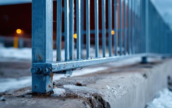 Industrial metal fence panel showing signs of wear and tear with warped sections and missing parts in urban setting photo
