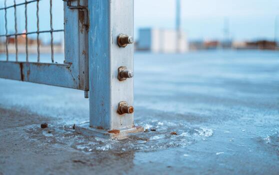 Industrial metal fence panel with bent structure and broken bolts in urban setting during daylight photo