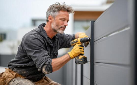 de edad mediana contratista trabajos en un cerca utilizando un poder perforar en un claro día en un suburbano zona foto