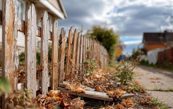 Old wooden fence with peeling paint and broken sections in a residential area during autumn photo