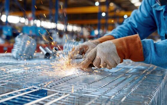 Welding galvanized steel mesh fence panels in a workshop setting with sparks flying photo