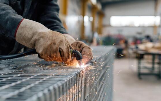 Hands welding galvanized steel mesh fence panels in a workshop during the day with sparks flying photo