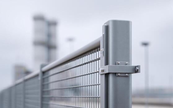 Industrial metal fence junction viewed up close in an urban setting with cloudy sky in the background photo