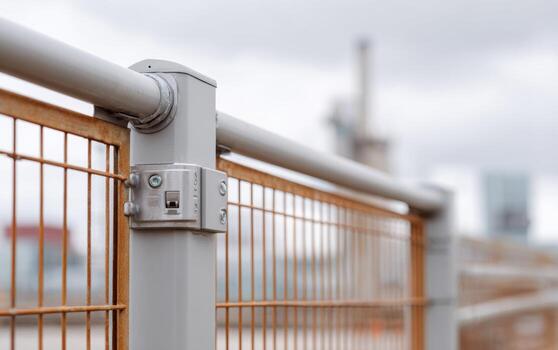 Industrial fence junction supporting safety and security in an urban setting photo