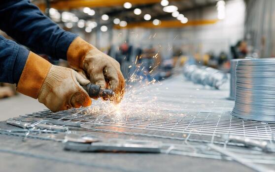 Hands welding galvanized steel mesh fence panels in a workshop setting demonstrating skilled craftsmanship and precision work photo