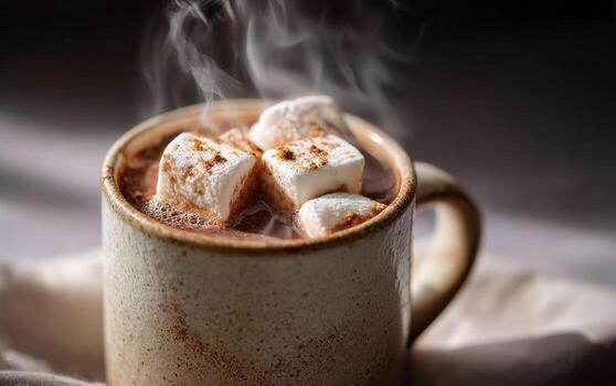 Steaming hot chocolate in ceramic mug with marshmallows creates a cozy atmosphere on a chilly day photo