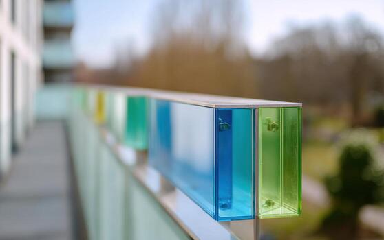 Glass balcony railing with gradient shades from blue to green in a modern outdoor setting during daylight photo