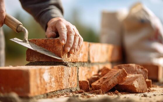 Freshly laid red bricks stacked for constructing a solid fence in a sunny outdoor setting at a construction site photo