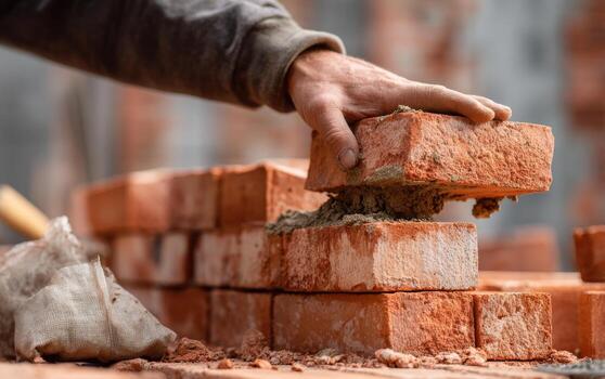 Freshly laid red bricks stacked for construction at a building site in the afternoon light photo