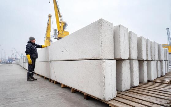 Worker inspects stacked precast concrete fence panels at construction site during cloudy day photo