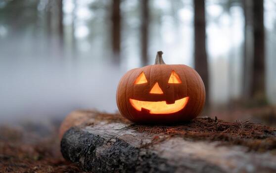 Glowing jack-o-lantern on a log in a misty forest during Halloween night photo