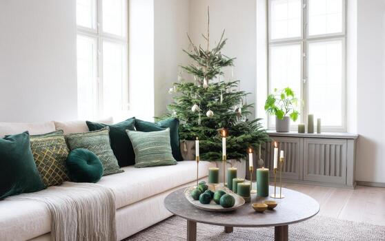 Living room styled in various shades of green with decorative elements creating a cozy atmosphere photo