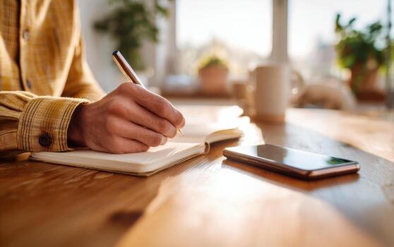 Writing notes in a notebook on a wooden desk with a smartphone nearby in a warm, sunlit setting photo