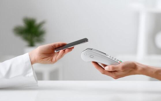 Person using smartphone to interact with a payment terminal in a bright, modern setting photo