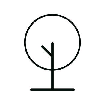 plano lineal icono de resumen caduco árbol con circular follaje y Delgado trompa, aislado negro contorno vector