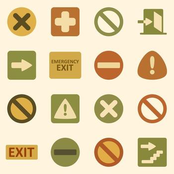 Set of warning, restriction, and direction signs in flat design with retro color palette vector