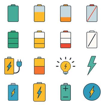 Colorful battery level indicators, power symbols, and electricity icons for user interface or infographic use vector
