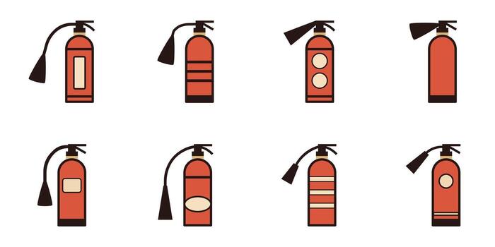 Set of red fire extinguisher icons in flat style with different label designs and hose positions vector