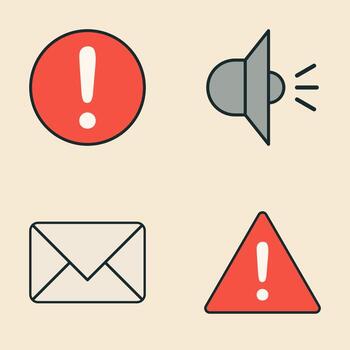 ui íconos representando mensaje, sonido alerta, y peligro en negrita rojo y gris tonos vector