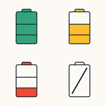 Battery status set with green full, yellow medium, red low, and empty power icon outline vector