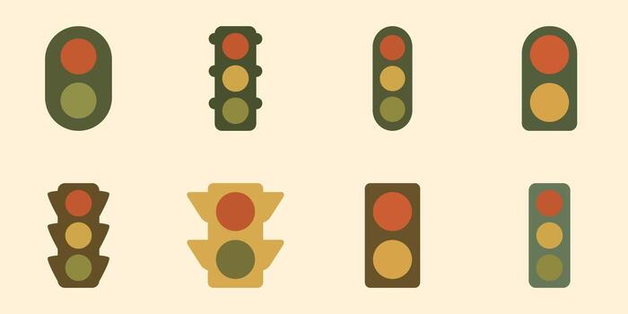 Minimalist flat design traffic lights with vertical orientation and different signal states vector