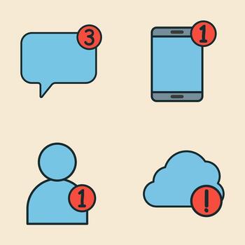 Set of digital alert symbols showing new message, user update, phone notice, and cloud error vector