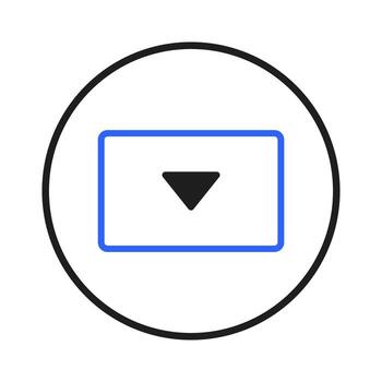 A Simple button with downward pointing triangle inside of the blue rectangle in the center of a vector