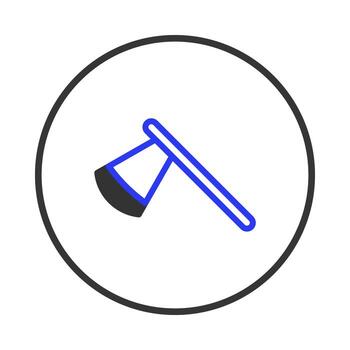 Blue and black axe illustration inside round frame representing a chopping tool symbol and logging vector