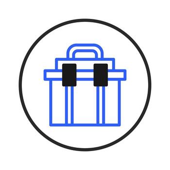 Blue framed toolbox icon illustration displaying engineering gear and equipment within a circular vector