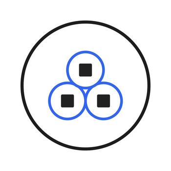 Geometric arrangement showcasing interconnected circular shapes with square inserts within a bold vector