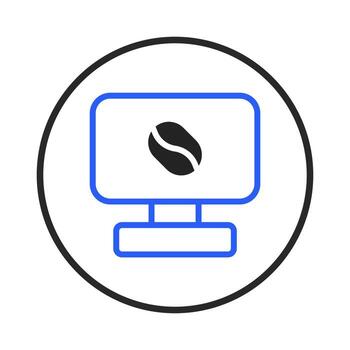 Minimalist coffee themed technology icon with a desktop monitor displaying a coffee bean symbol vector