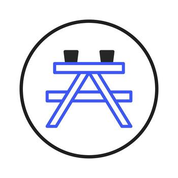 Minimalist depiction of a picnic table with black objects inside a simple black bordered circle vector