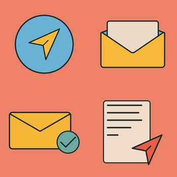 Modern Communication Icons with Verification, Navigation Arrow, and Letter Paper on Vibrant Canvas vector