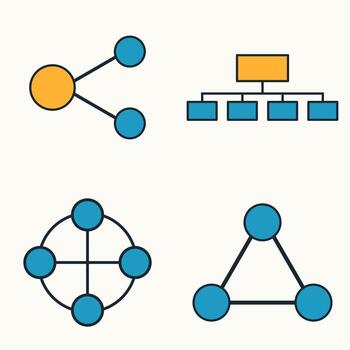 set of abstract connected dots and hierarchy diagrams in minimal flat style vector