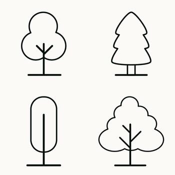 Minimal forest symbols in thin line style showing diverse tree shapes and environmental graphic design vector