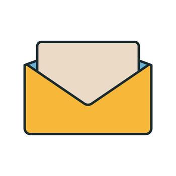 Yellow open envelope icon with beige letter paper inside, flat style communication symbol on white background vector