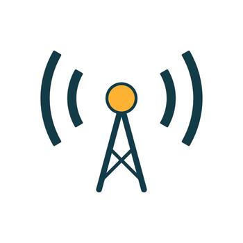 Wireless signal tower with orange node and curved dark waves, modern flat style telecom icon vector