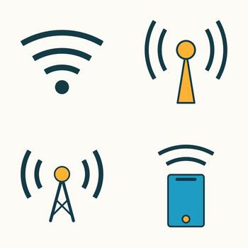 Communication signal transmission icons including wireless router, mobile device, and radio tower vector