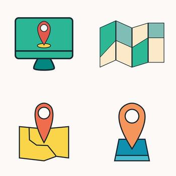Colorful location and map icon collection representing travel navigation, digital GPS direction, and destination finding tools vector