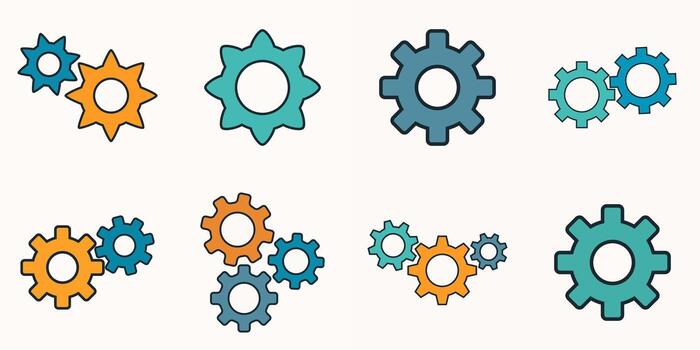 Settings and configuration gear icons in modern flat style, perfect for UI, software, or maintenance tools vector