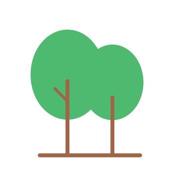 Green circle-top tree duo in flat style with brown vertical stems and ground line for eco graphics vector