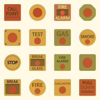 Set of emergency activation symbols with circular red buttons and evacuation text labels vector