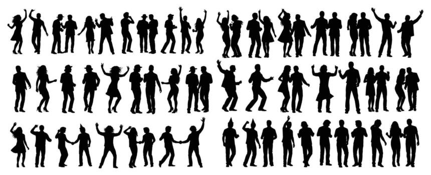 Silhouette illustrations of people dancing and celebrating various poses and positions with diverse gestures and activities perfect for event or party invitation design vector