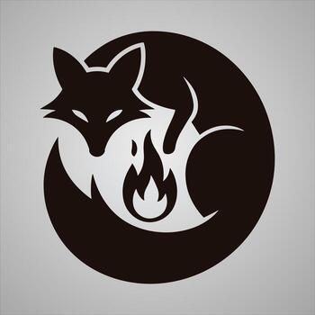 Black fox curled around a stylized flame on a grey gradient background animal sleeping vector